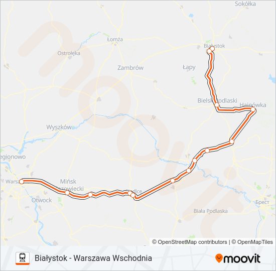 Mapa linii kolej IC 10110