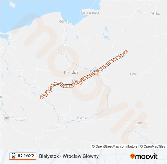 Mapa linii kolej IC 1622