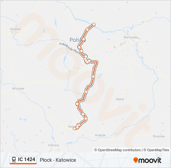 Mapa linii kolej IC 1424