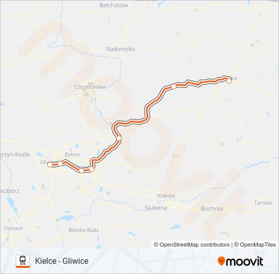 Mapa linii kolej IC 24103