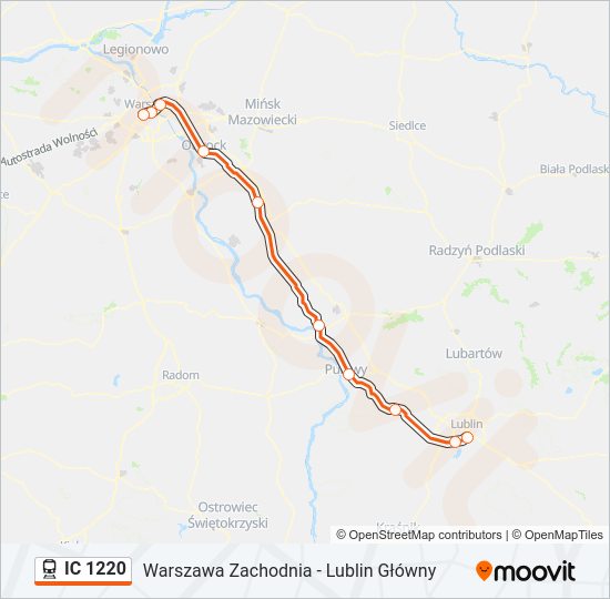 Mapa linii kolej IC 1220