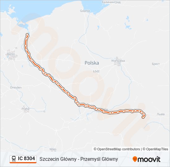 Mapa linii kolej IC 8304