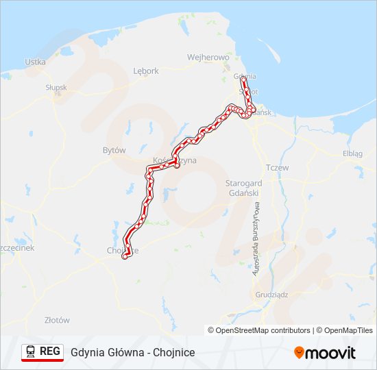 Mapa linii kolej REG