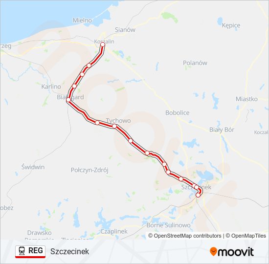 Mapa linii kolej REG