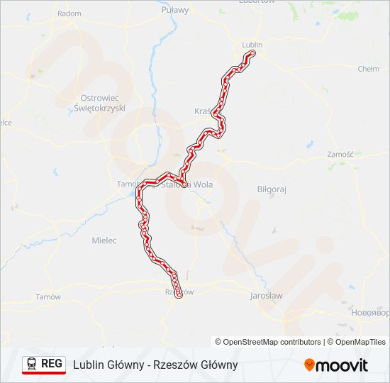 Mapa linii kolej REG