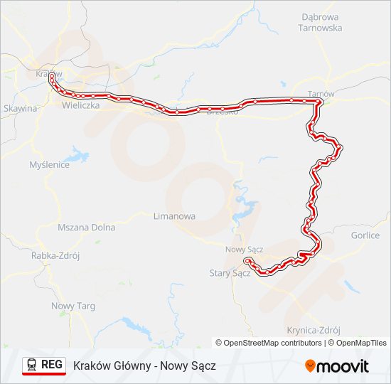 Mapa linii kolej REG