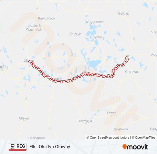 Mapa linii kolej REG