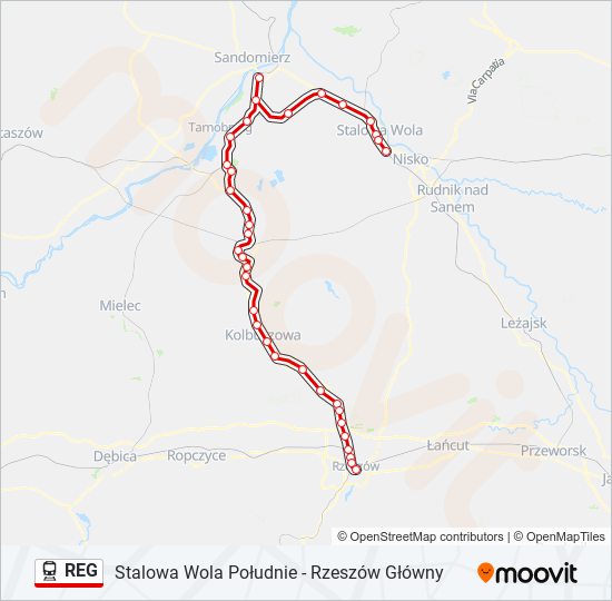 Mapa linii kolej REG