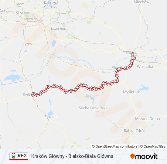 Mapa linii kolej REG