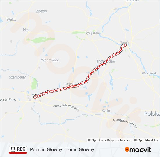 Mapa linii kolej REG