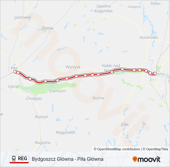 Mapa linii kolej REG