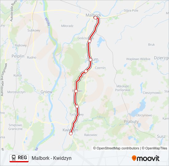 Mapa linii kolej REG