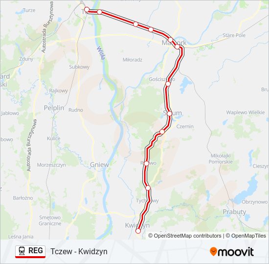 Mapa linii kolej REG