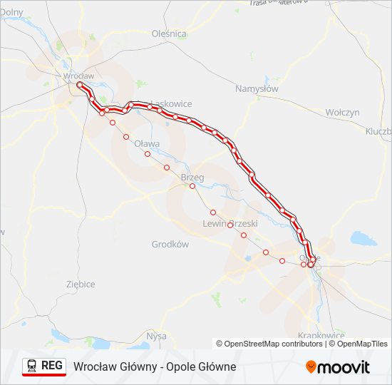 Mapa linii kolej REG