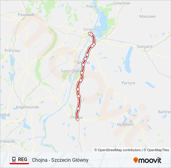 Mapa linii kolej REG