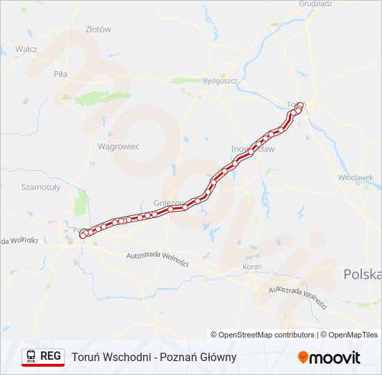 Mapa linii kolej REG