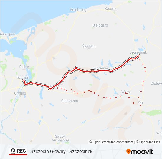 Mapa linii kolej REG