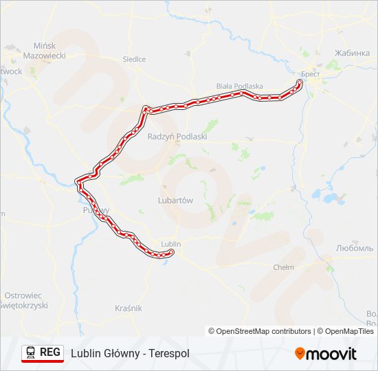 Mapa linii kolej REG