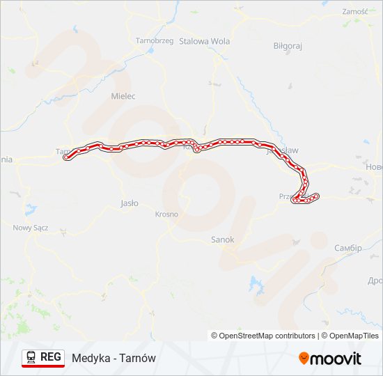 Mapa linii kolej REG