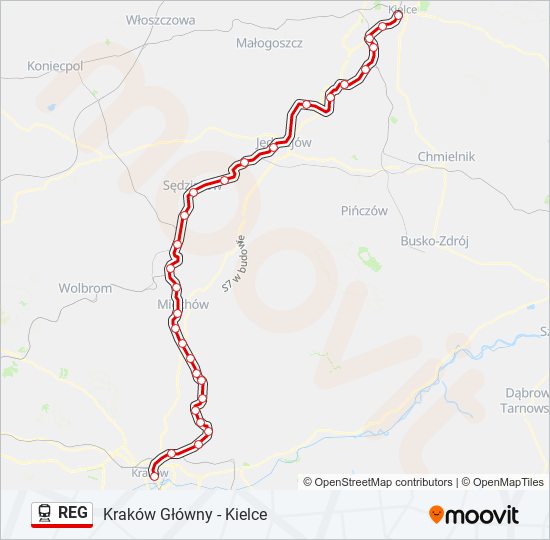 Mapa linii kolej REG