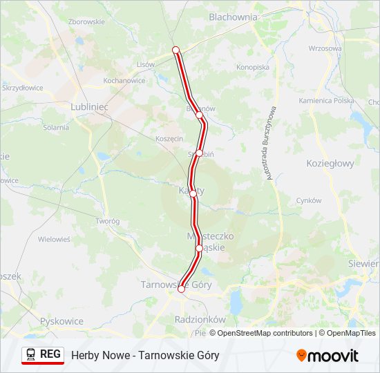 Mapa linii kolej REG