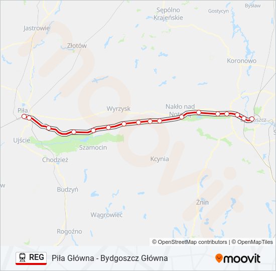 Mapa linii kolej REG