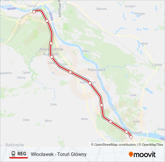 Mapa linii kolej REG