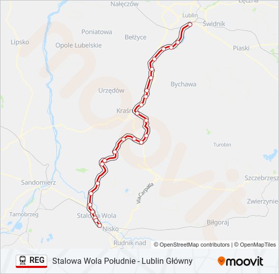 Mapa linii kolej REG