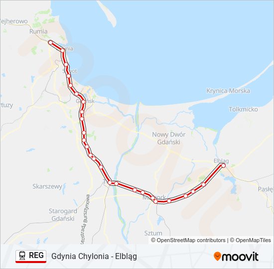 Mapa linii kolej REG