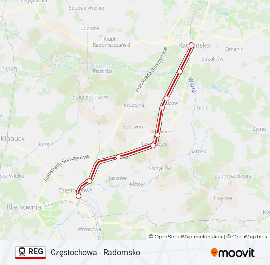 Mapa linii kolej REG