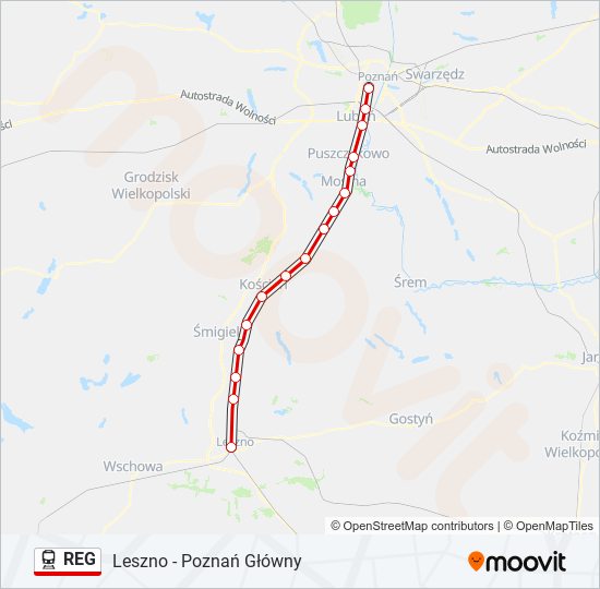 Mapa linii kolej REG