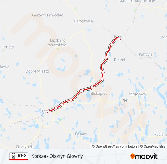 Mapa linii kolej REG