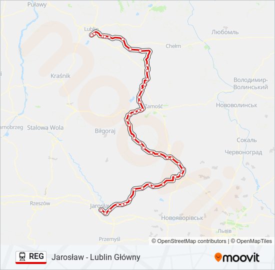 Mapa linii kolej REG