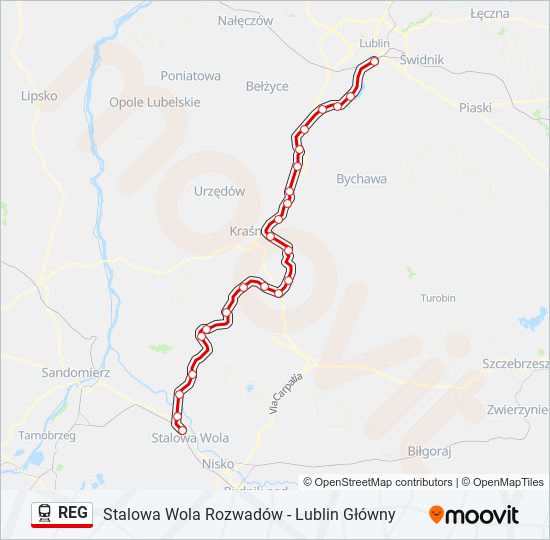 Mapa linii kolej REG