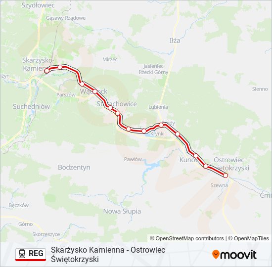 Mapa linii kolej REG