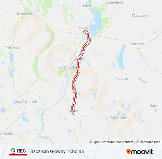 Mapa linii kolej REG