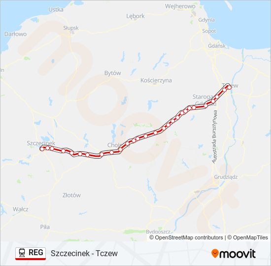 Mapa linii kolej REG