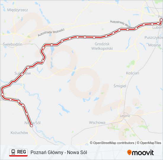 Mapa linii kolej REG