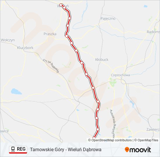 Mapa linii kolej REG