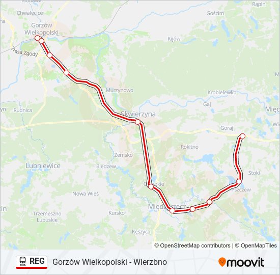 Mapa linii kolej REG