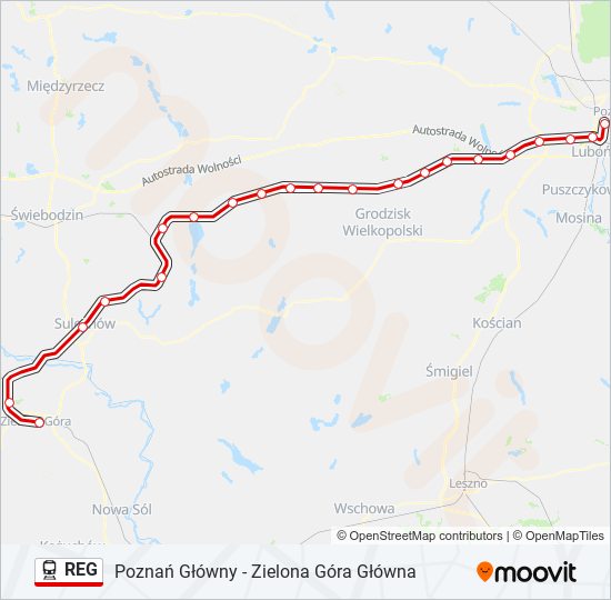 Mapa linii kolej REG