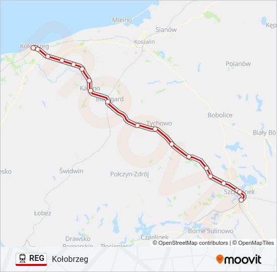 Mapa linii kolej REG