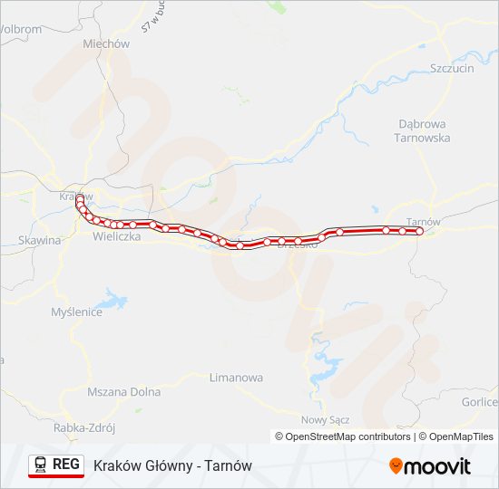 Mapa linii kolej REG