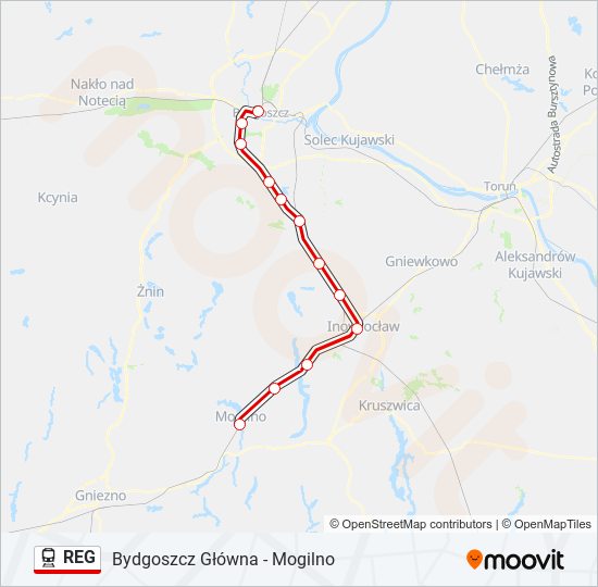 Mapa linii kolej REG