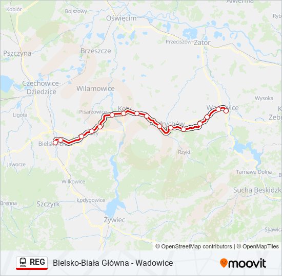 Mapa linii kolej REG