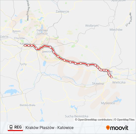 Mapa linii kolej REG