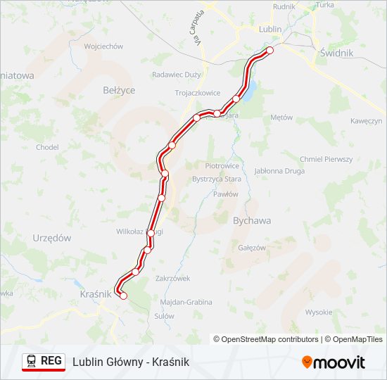 Mapa linii kolej REG