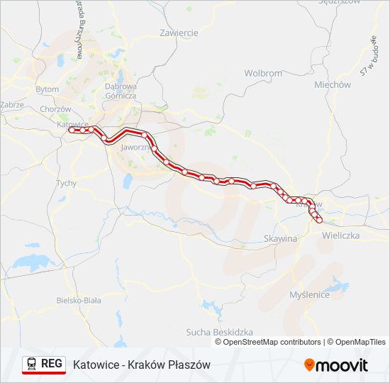 Mapa linii kolej REG