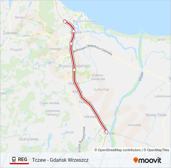 Mapa linii kolej REG