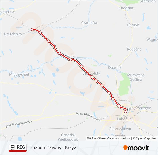 Mapa linii kolej REG